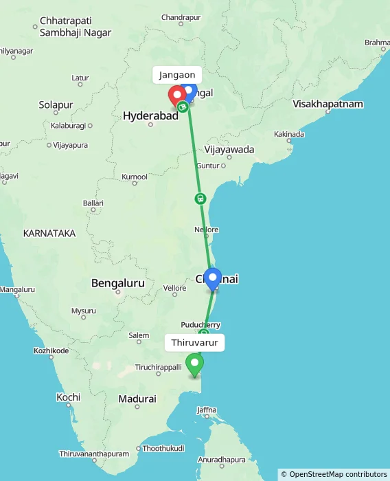 Route map showing distance and travel time from Thiruvarur, India to Jangaon, India