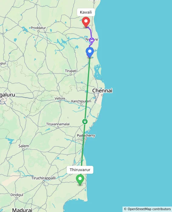 Route map showing distance and travel time from Thiruvarur, India to Kavali, India