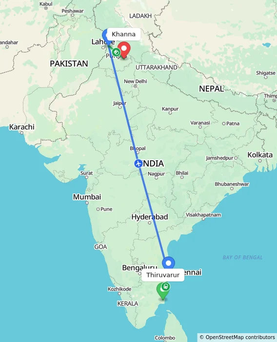 Route map showing distance and travel time from Thiruvarur, India to Khanna, India