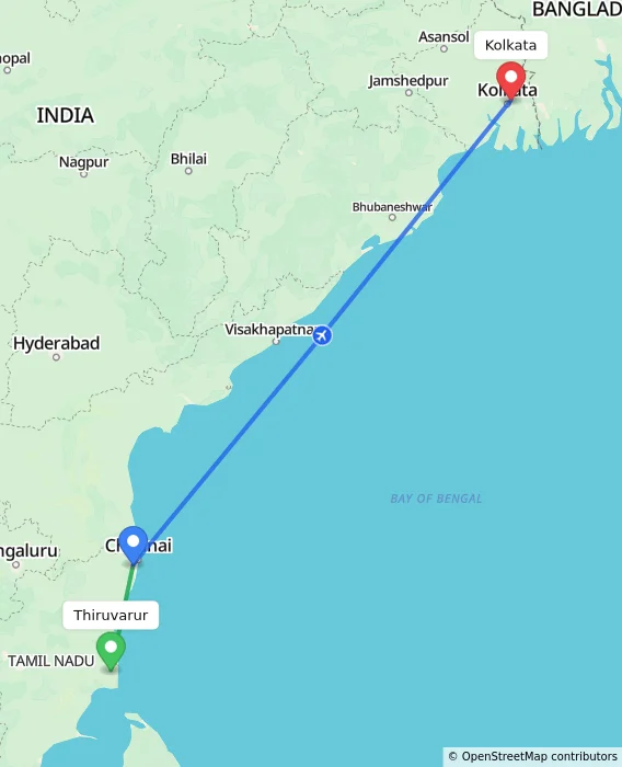 Route map showing distance and travel time from Thiruvarur, India to Kolkata, India