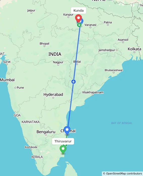 Route map showing distance and travel time from Thiruvarur, India to Kunda, India