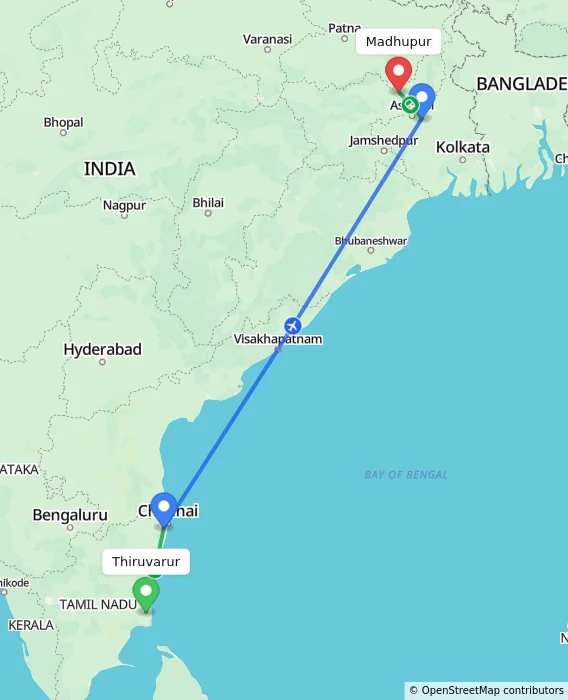 Route map showing distance and travel time from Thiruvarur, India to Madhupur, India