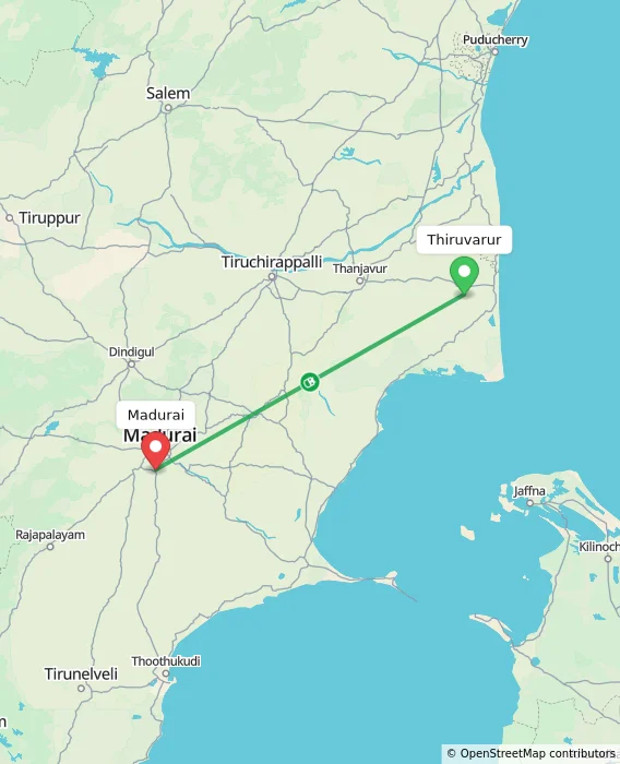 Route map showing distance and travel time from Thiruvarur, India to Madurai, India