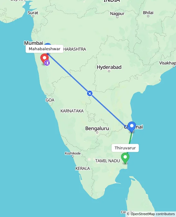 Route map showing distance and travel time from Thiruvarur, India to Mahabaleshwar, India