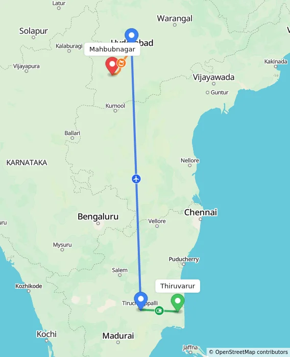 Route map showing distance and travel time from Thiruvarur, India to Mahbubnagar, India