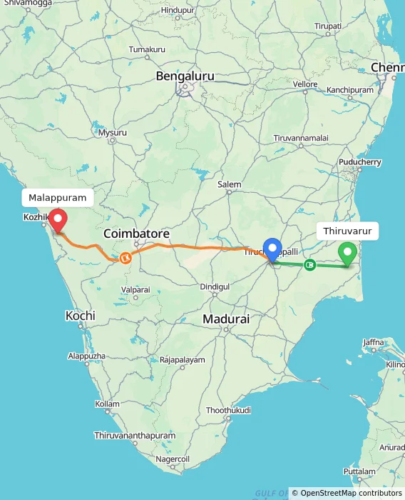 Route map showing distance and travel time from Thiruvarur, India to Malappuram, India