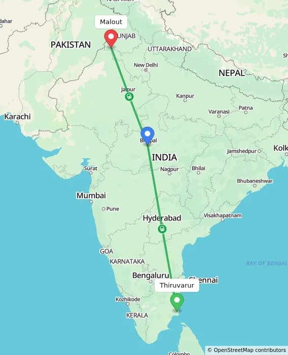 Route map showing distance and travel time from Thiruvarur, India to Malout, India