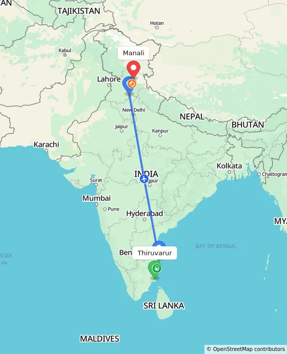 Route map showing distance and travel time from Thiruvarur, India to Manali, India