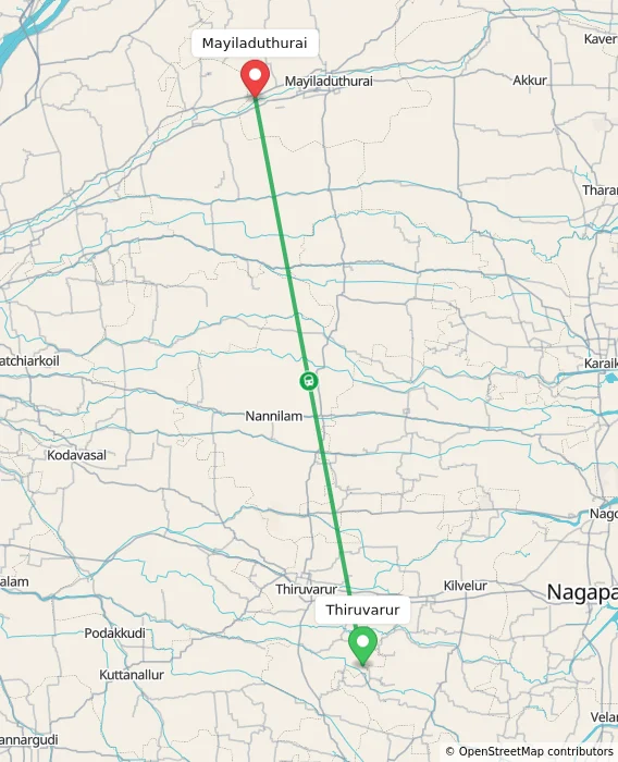 Route map showing distance and travel time from Thiruvarur, India to Mayiladuthurai, India