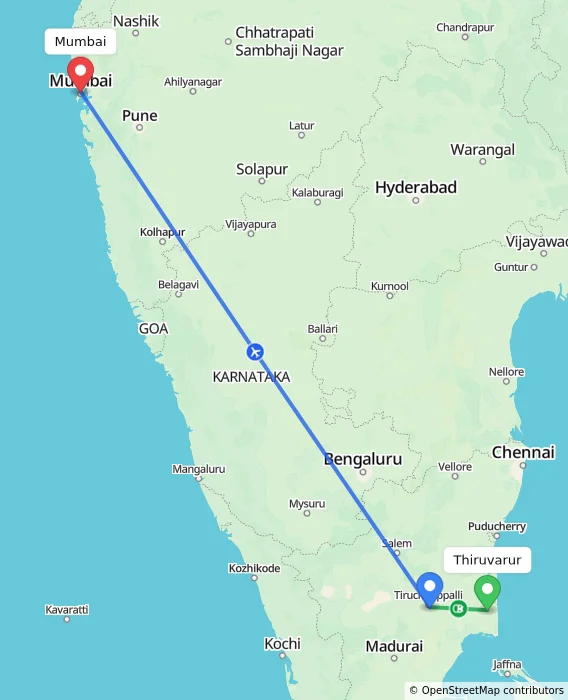 Route map showing distance and travel time from Thiruvarur, India to Mumbai, India