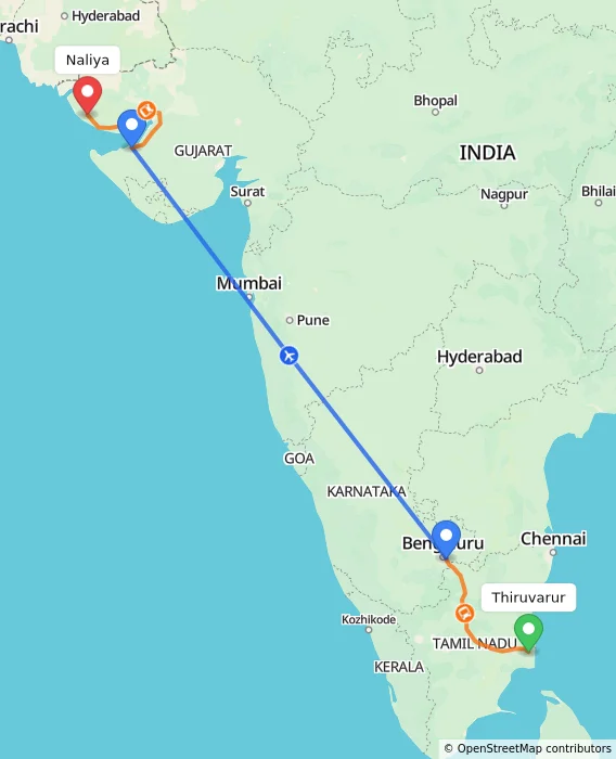 Route map showing distance and travel time from Thiruvarur, India to Naliya, India