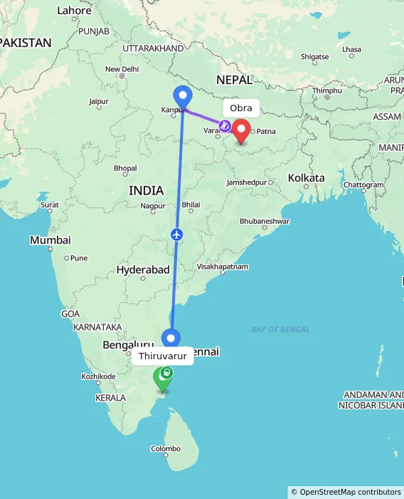 Route map showing distance and travel time from Thiruvarur, India to Obra, India