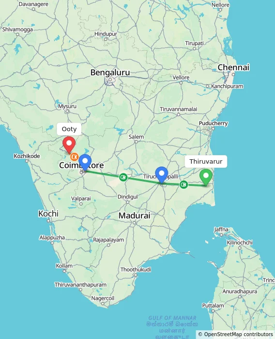 Route map showing distance and travel time from Thiruvarur, India to Ooty, India
