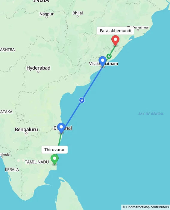 Route map showing distance and travel time from Thiruvarur, India to Paralakhemundi, India