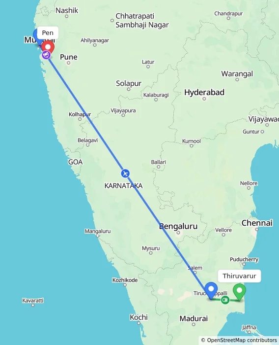 Route map showing distance and travel time from Thiruvarur, India to Pen, India