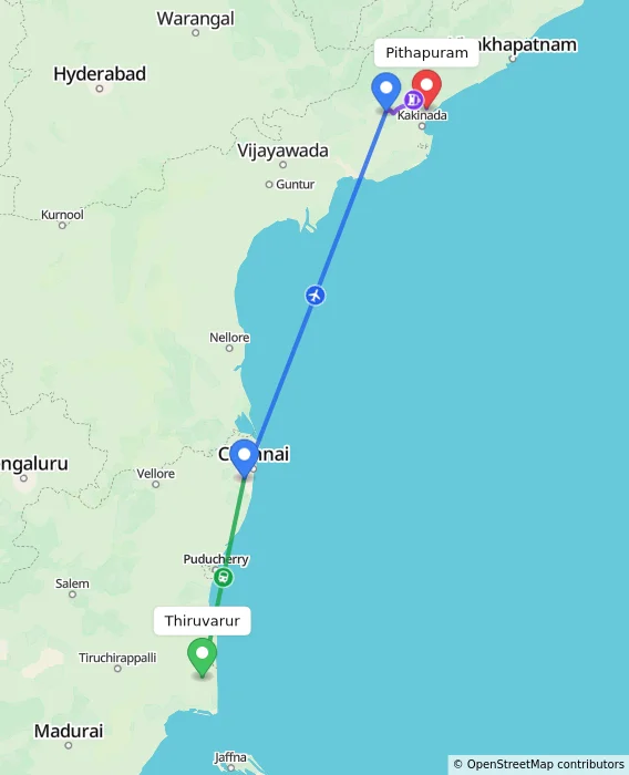 Route map showing distance and travel time from Thiruvarur, India to Pithapuram, India