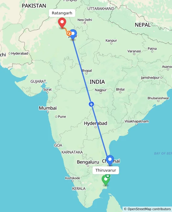 Route map showing distance and travel time from Thiruvarur, India to Ratangarh, India