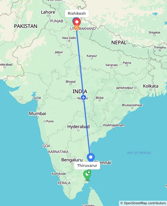 Route map showing distance and travel time from Thiruvarur, India to Rishikesh, India