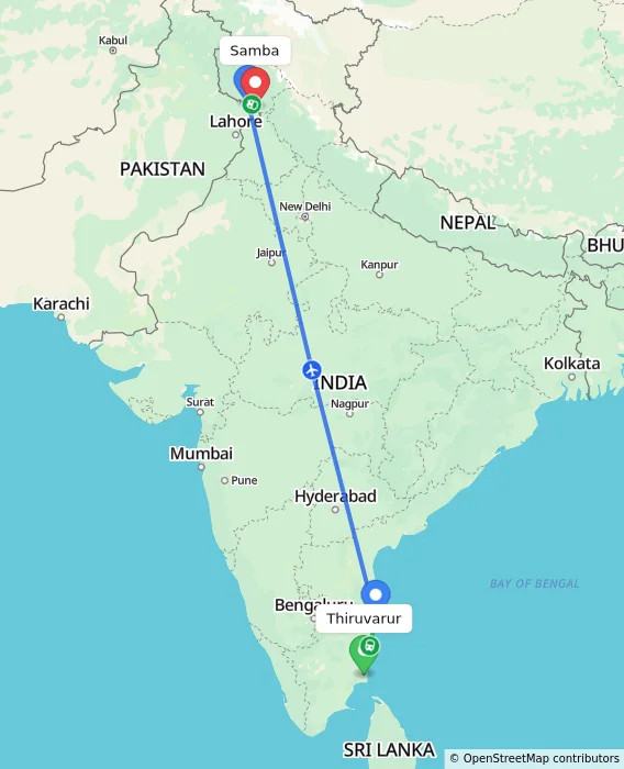 Route map showing distance and travel time from Thiruvarur, India to Samba, India