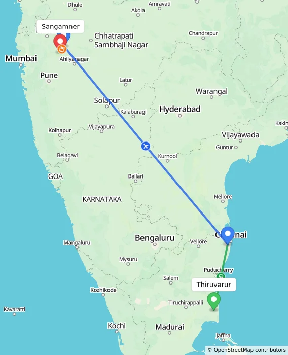 Route map showing distance and travel time from Thiruvarur, India to Sangamner, India