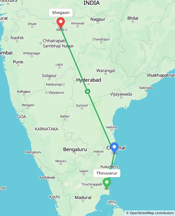 Route map showing distance and travel time from Thiruvarur, India to Shegaon, India