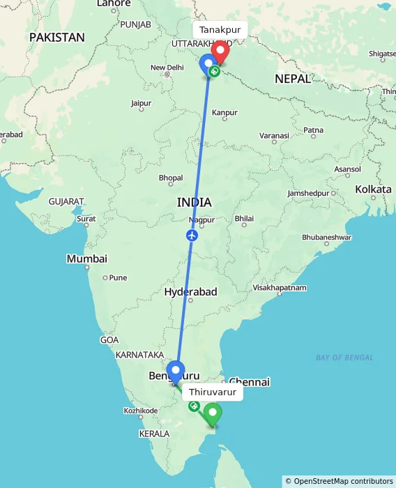 Route map showing distance and travel time from Thiruvarur, India to Tanakpur, India