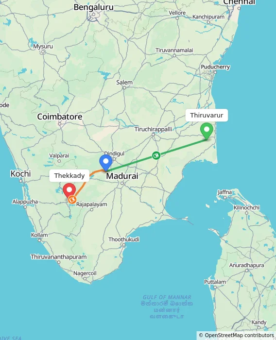 Route map showing distance and travel time from Thiruvarur, India to Thekkady, India