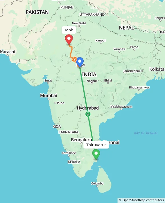 Route map showing distance and travel time from Thiruvarur, India to Tonk, India
