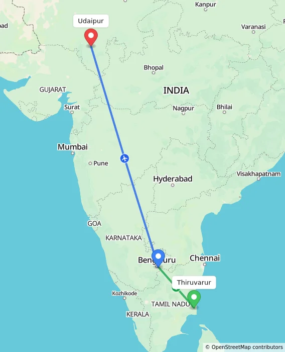 Route map showing distance and travel time from Thiruvarur, India to Udaipur, India