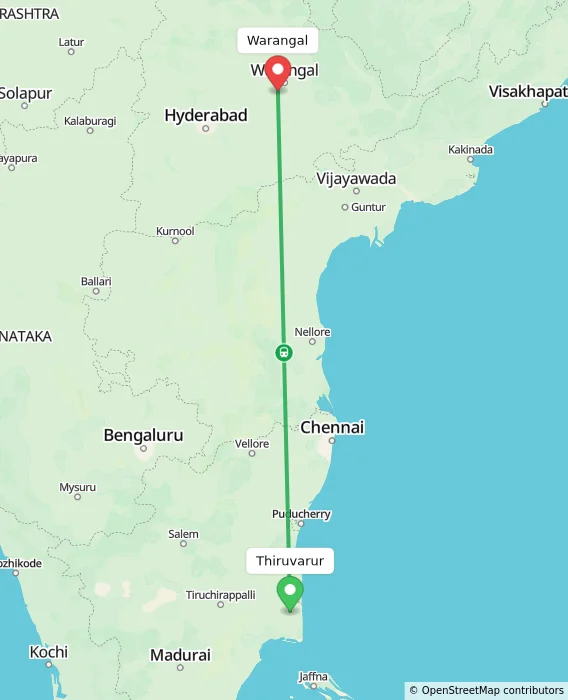 Route map showing distance and travel time from Thiruvarur, India to Warangal, India