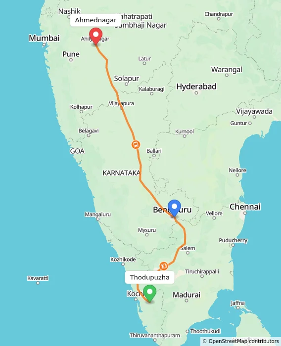 Route map showing distance and travel time from Thodupuzha, India to Ahmednagar, India