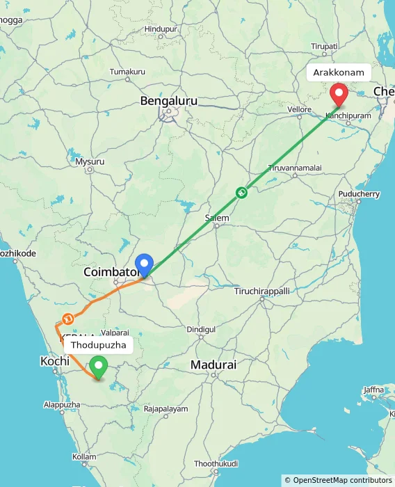 Route map showing distance and travel time from Thodupuzha, India to Arakkonam, India