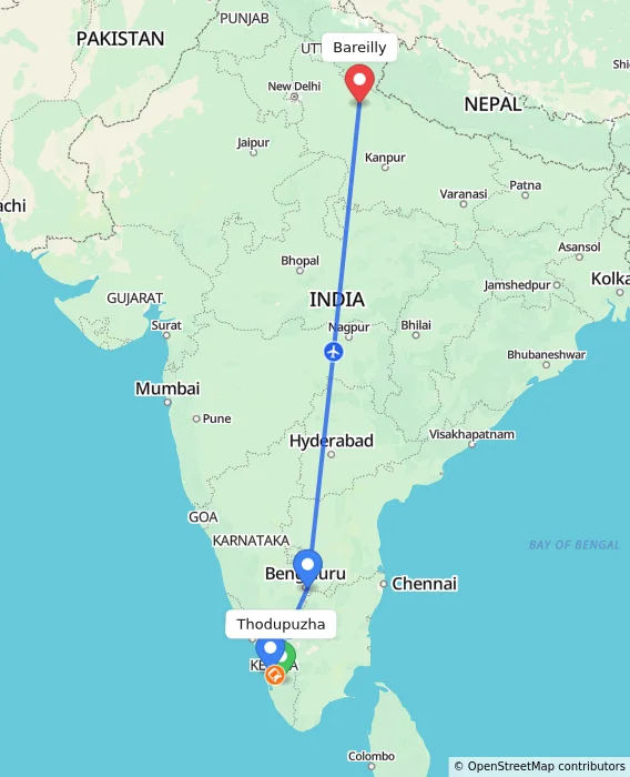 Route map showing distance and travel time from Thodupuzha, India to Bareilly, India