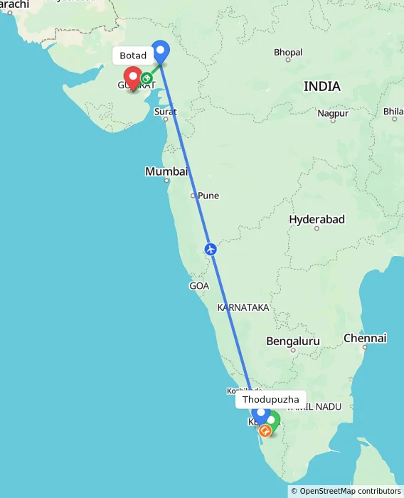 Route map showing distance and travel time from Thodupuzha, India to Botad, India