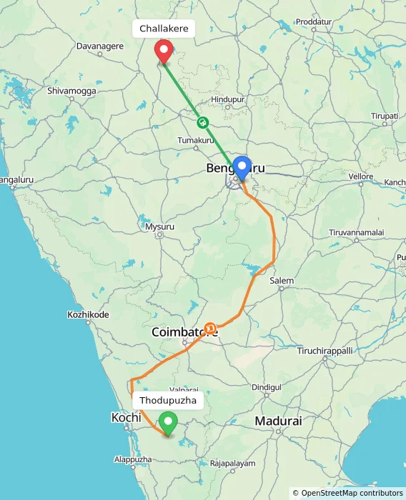 Route map showing distance and travel time from Thodupuzha, India to Challakere, India