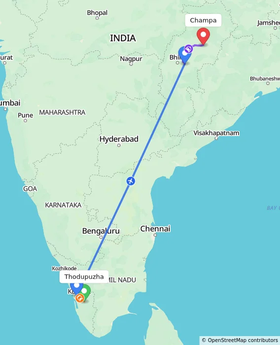 Route map showing distance and travel time from Thodupuzha, India to Champa, India