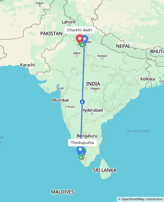 Route map showing distance and travel time from Thodupuzha, India to Charkhi dadri, India