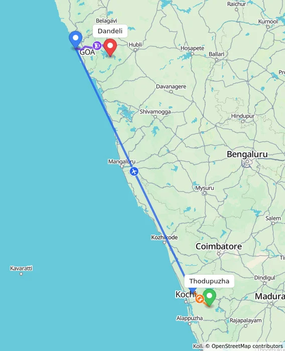 Route map showing distance and travel time from Thodupuzha, India to Dandeli, India