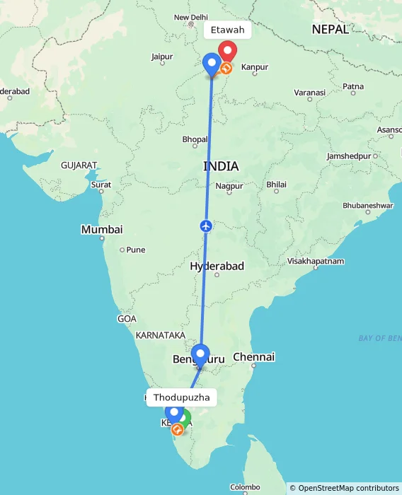 Route map showing distance and travel time from Thodupuzha, India to Etawah, India
