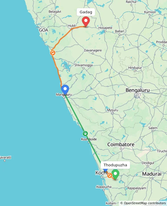 Route map showing distance and travel time from Thodupuzha, India to Gadag, India