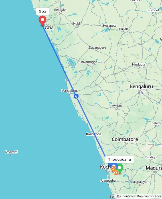 Route map showing distance and travel time from Thodupuzha, India to Goa, India