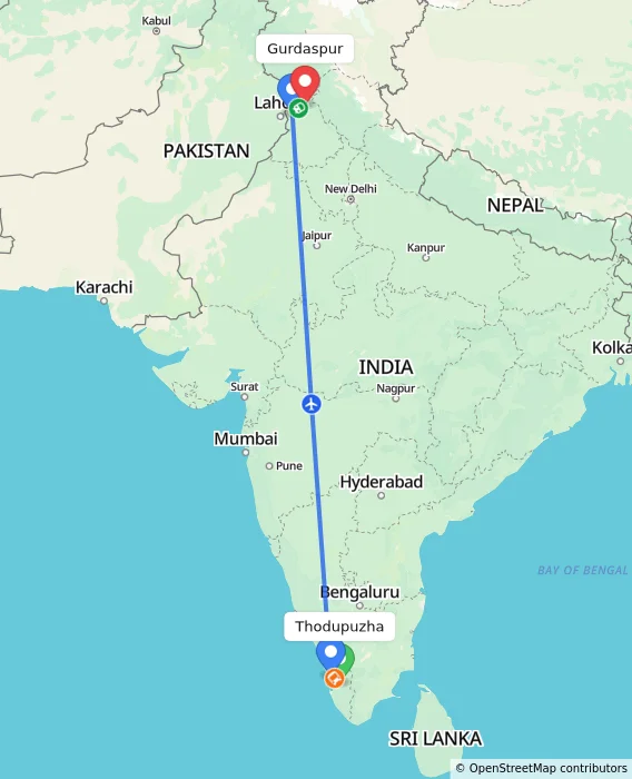 Route map showing distance and travel time from Thodupuzha, India to Gurdaspur, India