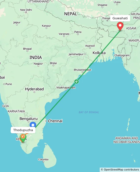 Route map showing distance and travel time from Thodupuzha, India to Guwahati, India
