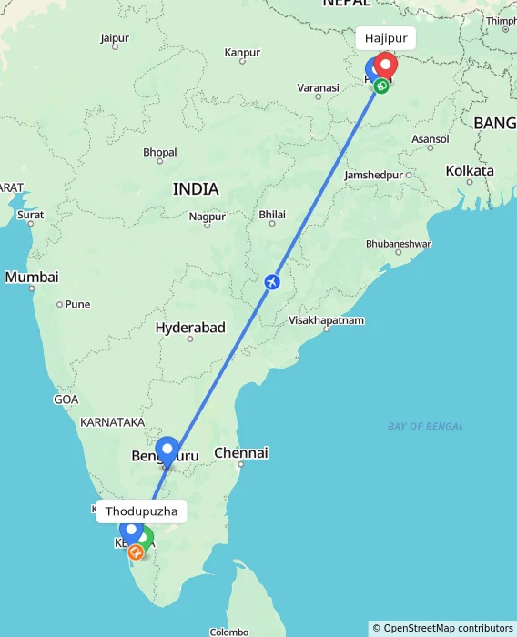 Route map showing distance and travel time from Thodupuzha, India to Hajipur, India