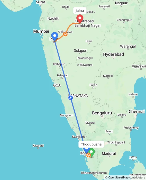 Route map showing distance and travel time from Thodupuzha, India to Jalna, India
