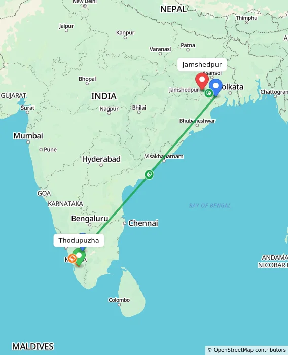 Route map showing distance and travel time from Thodupuzha, India to Jamshedpur, India