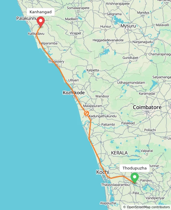 Route map showing distance and travel time from Thodupuzha, India to Kanhangad, India