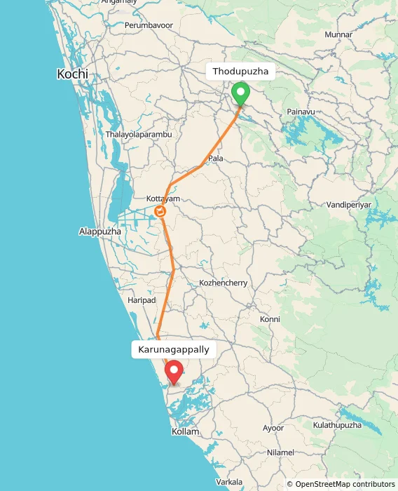 Route map showing distance and travel time from Thodupuzha, India to Karunagappally, India