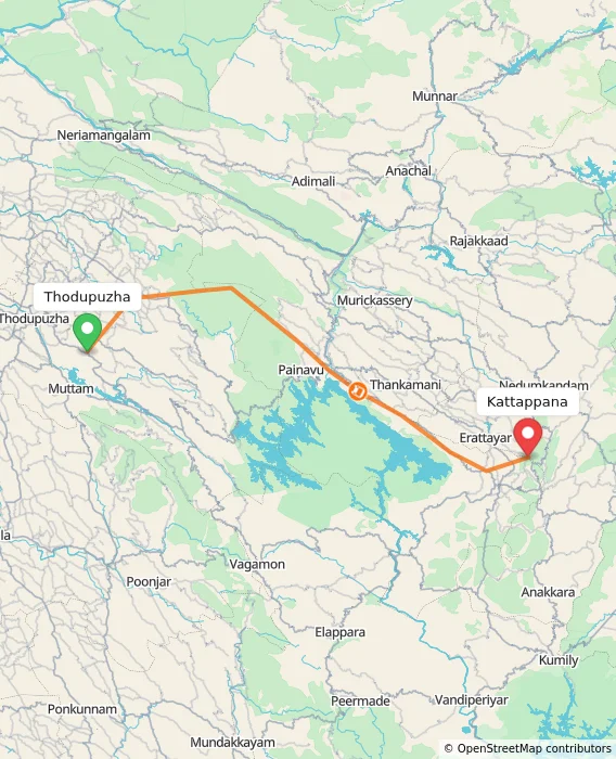 Route map showing distance and travel time from Thodupuzha, India to Kattappana, India