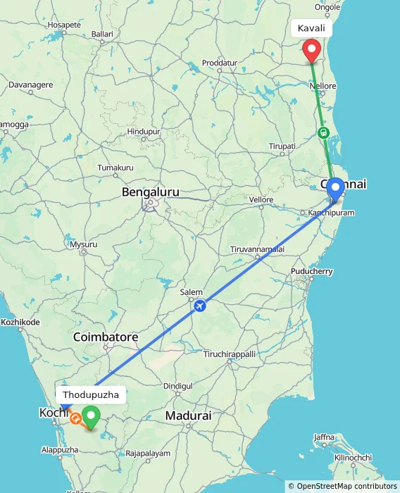 Route map showing distance and travel time from Thodupuzha, India to Kavali, India